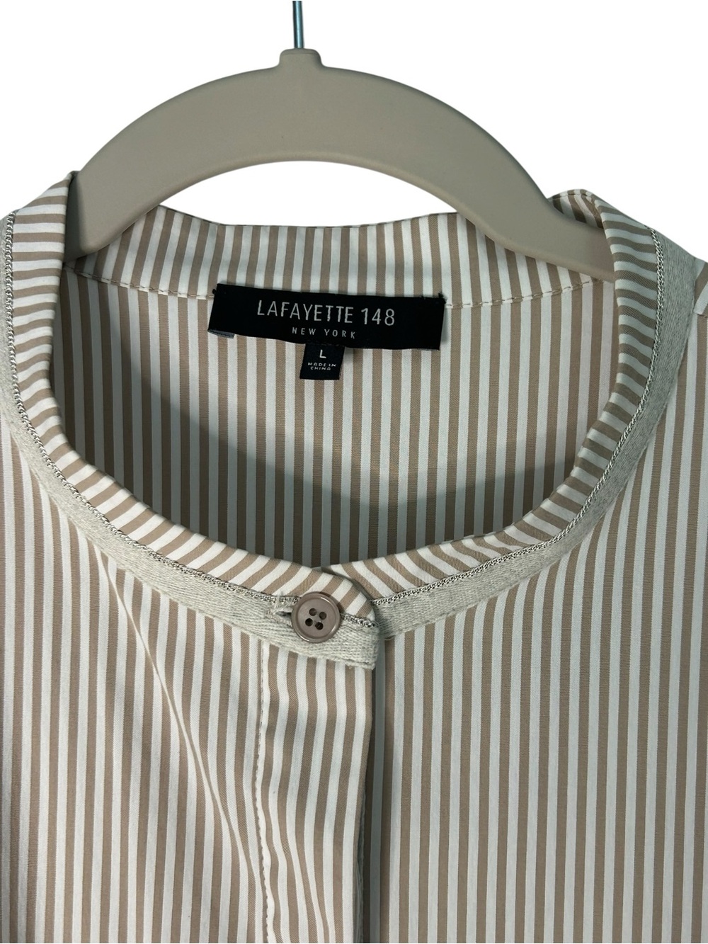 Lafayette 148 New York Beige and Cream Striped Cotton Blend Blouse Tunic Size L